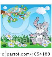 Royalty Free Vector Clip Art Illustration Of A Gray Rabbit Sitting In A Spring Landscape