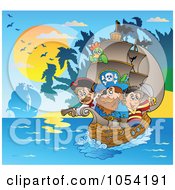 Poster, Art Print Of Pirate Ship Near An Island At Sunset