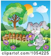 Royalty Free Vector Clip Art Illustration Of A Rabbit Picking Purple Flowers