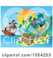 Poster, Art Print Of Pirate Parrot With Treasure Near A Ship