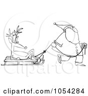 Poster, Art Print Of Black And White Santa Pulling A Reindeer On A Sled Outline