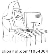 Royalty Free Vector Clip Art Illustration Of A Black And White Nun Using A Computer Outline by djart