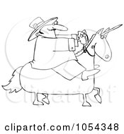 Royalty Free Vector Clip Art Illustration Of A Black And White Leprechaun On A Unicorn Outline