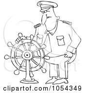 Royalty Free Vector Clip Art Illustration Of A Black And White Captain And Wheel Outline