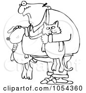 Royalty Free Vector Clip Art Illustration Of A Black And White Man Holding A Dog And Cat Outline