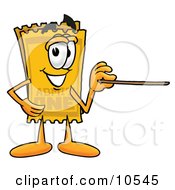 Yellow Admission Ticket Mascot Cartoon Character Holding A Pointer Stick