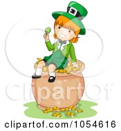 Poster, Art Print Of St Patricks Day Leprechaun Girl Holding A Clover On A Pot Of Gold