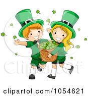 Poster, Art Print Of St Patricks Day Leprechaun Boy And Girl Carrying A Basket Of Shamrocks