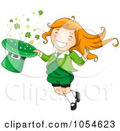 St Patricks Day Leprechaun Girl Jumping With A Hat Of Shamrocks