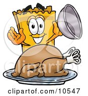 Poster, Art Print Of Yellow Admission Ticket Mascot Cartoon Character Serving A Thanksgiving Turkey On A Platter