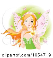 Royalty Free Vector Clip Art Illustration Of A Red Haired Fairy Holding A Daffodil Over Green