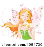 Poster, Art Print Of Red Haired Fairy Surrounded By Butterflies Holding A Daffodil Flower
