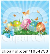 Royalty Free Vector Clip Art Illustration Of Rays Shining Behind Butterflies And Easter Eggs Over Copyspace