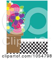 Flower Pot And Bee Against Turquoise And A Checkered Floor