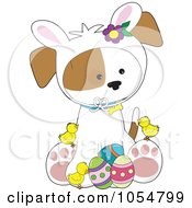Poster, Art Print Of Cute Easter Puppy With Bunny Ears Chicks And Eggs