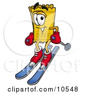 Clipart Picture Of A Yellow Admission Ticket Mascot Cartoon Character Skiing Downhill by Toons4Biz