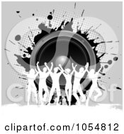 Royalty Free Vector Clip Art Illustration Of A Group Of Silhouetted White Dancers Against Gray Grunge And Music Speakers