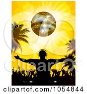 Royalty Free Vector Clip Art Illustration Of A Silhouetted Dj And Crowd Under A Golden Disco Ball On A Tropical Beach
