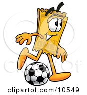 Yellow Admission Ticket Mascot Cartoon Character Kicking A Soccer Ball