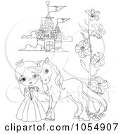 Poster, Art Print Of Coloring Page Outline Of A Princess And Pony By A Castle