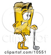 Yellow Admission Ticket Mascot Cartoon Character Leaning On A Golf Club While Golfing