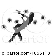 Poster, Art Print Of Silhouetted Action Hero Leaping Through The Air And Shooting