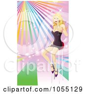 Poster, Art Print Of Sexy Blond Woman Sitting On Barstool With Champagne Over Rainbow Rays
