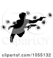 Poster, Art Print Of Action Hero Leaping Through The Air And Shooting With Bullet Holes