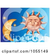 Royalty Free Vector Clip Art Illustration Of A Sun And Moon In A Lined Blue Sky