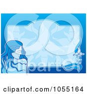 Poster, Art Print Of Pretty Woman Over A Horizontal Blue Background With A Frame And Flower