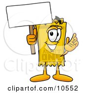 Yellow Admission Ticket Mascot Cartoon Character Holding A Blank Sign