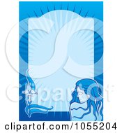 Poster, Art Print Of Pretty Woman Over A Vertical Blue Background With A Frame And Flower