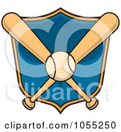 Royalty Free Vector Clip Art Illustration Of A Baseball And Two Bats Over A Blue Shield