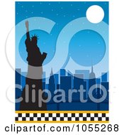 Poster, Art Print Of Silhouetted Statue Of Liberty And New York Skyline Under A Full Moon With A Lower Taxi Border