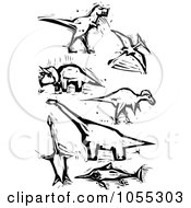 Poster, Art Print Of Digital Collage Of Black And White Woodcut Styled Dinosaurs