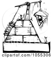 Black And White Woodcut Styled People Building A Pyramid