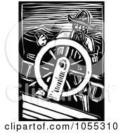 Poster, Art Print Of Black And White Woodcut Styled Captain Steering