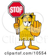 Yellow Admission Ticket Mascot Cartoon Character Holding A Stop Sign