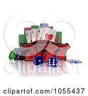 3d Red Lucky Sevens With Blue Casino Dice Poker Chips And Cards