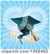 Poster, Art Print Of Diploma By A Graduation Cap And Tassel Over Blue Rays