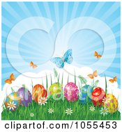 Poster, Art Print Of Butterflies Over Easter Eggs In Grass Against A Shining Sky