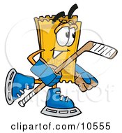 Yellow Admission Ticket Mascot Cartoon Character Playing Ice Hockey