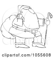 Royalty Free Vector Clip Art Illustration Of A Coloring Page Outline Of Santa Trekking With A Candy Cane Stick And Carrying A Sack On His Shoulder