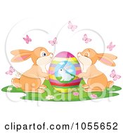 Royalty Free Vetor Clip Art Illustration Of Two Cute Easter Bunnies By An Egg Under Butterflies