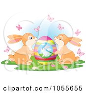 Royalty Free Vetor Clip Art Illustration Of Two Cute Easter Bunnies And Pink Butterflies By An Egg