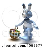 Poster, Art Print Of 3d Blue Easter Bunny Walking With A Basket Of Eggs