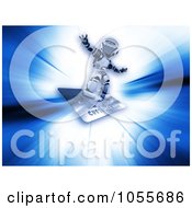 Royalty Free CGI Clip Art Illustration Of A 3d Silver Robot Surfing On A Credit Card Over A Blue Burst