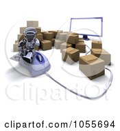 Poster, Art Print Of 3d Silver Robot Sitting On A Computer Mouse Surrounded By Shipping Boxes