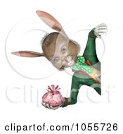 Royalty Free CGI Clip Art Illustration Of A 3d Easter Rabbit Holding An Egg And Looking Around A Blank Sign Over White