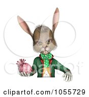 Poster, Art Print Of 3d Easter Rabbit Holding An Egg And Looking Over A Blank Sign Over White